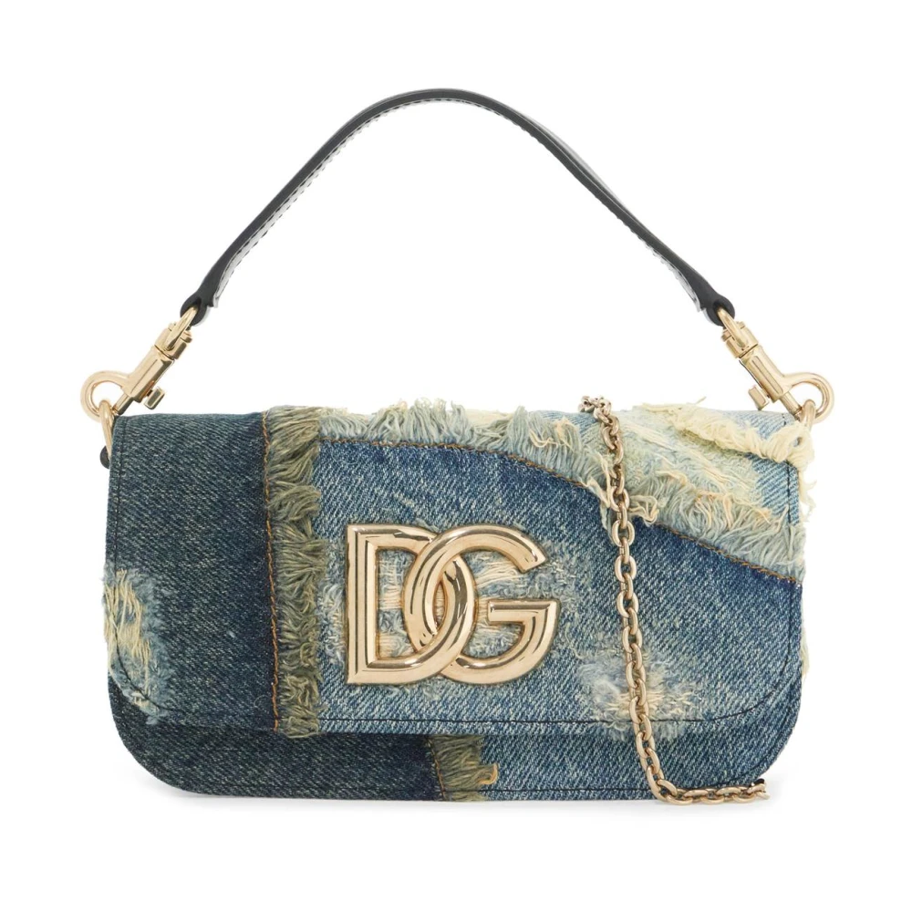 Dolce & Gabbana Schoudertas van patchwork denim met gouden logo Blue Dames