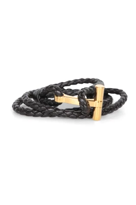 Flätat läderarmband med guldtonat logotyp