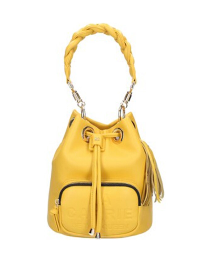 sac-seau-jaune-en-cuir-avec-breloque-logo
