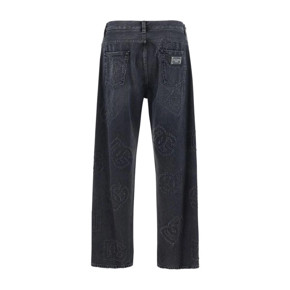 Dolce & Gabbana Geborduurde Monogram Denim Broek Blue Heren