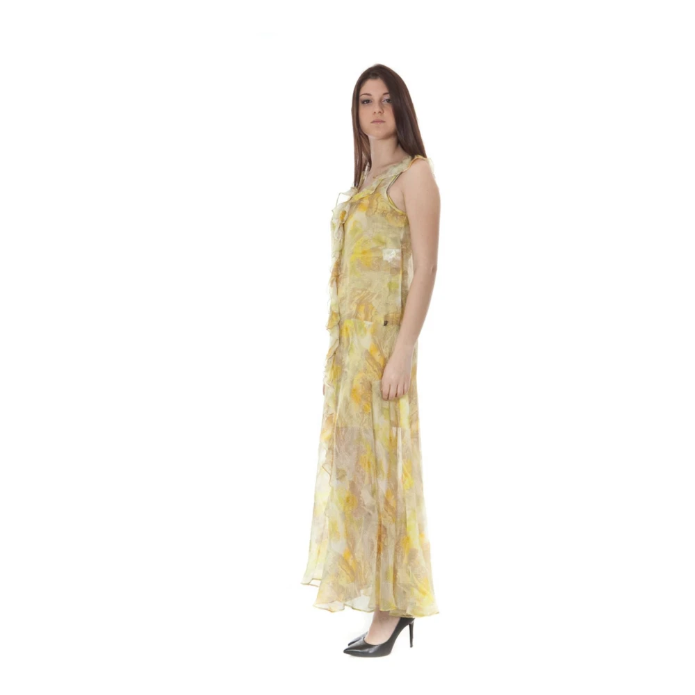 John Galliano Gele Lange Jurk Brede Schouder Halslijn Yellow Dames