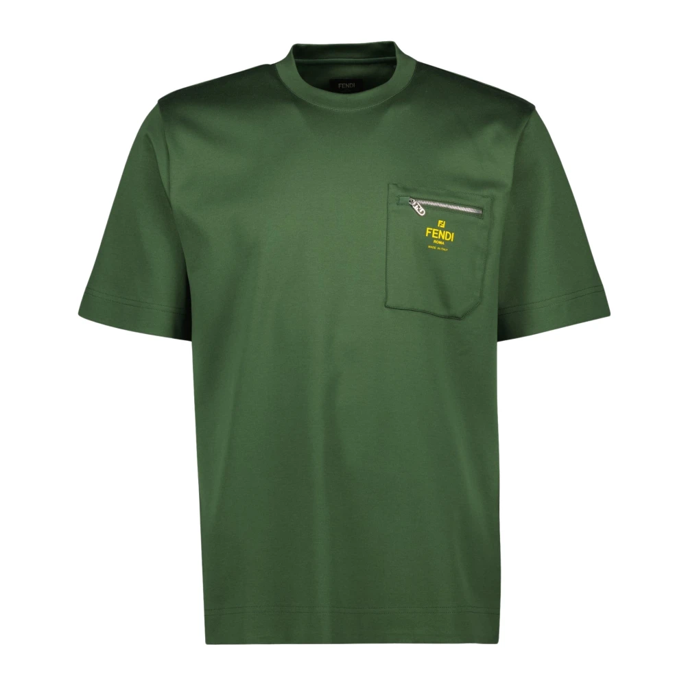 Fendi Men's Green Cotton T-Shirt With Zip Pocket