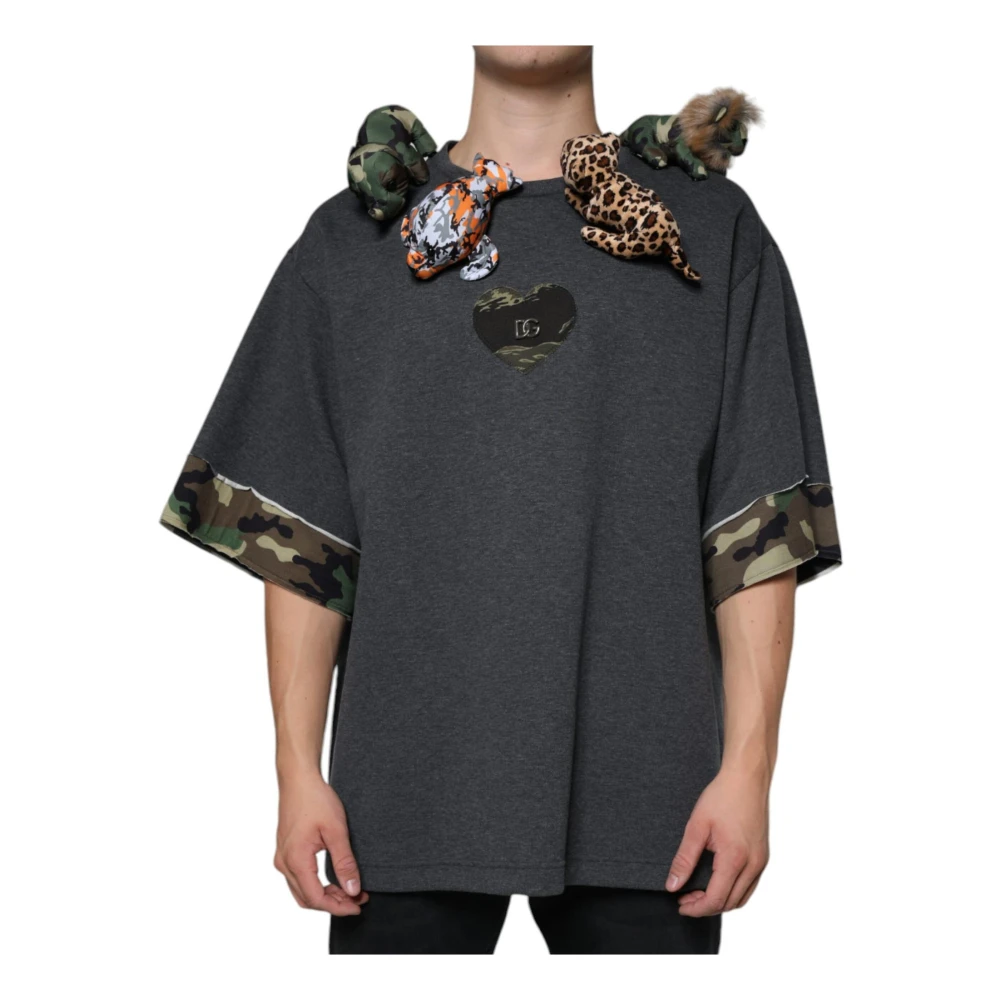 Dolce & Gabbana Men's Gray Camouflage Print T-Shirt With Animal Accents