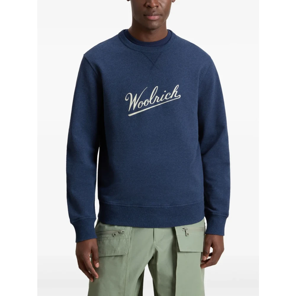 Woolrich Blauwe Geribbelde Trui met Bedrukt Logo Blue Heren