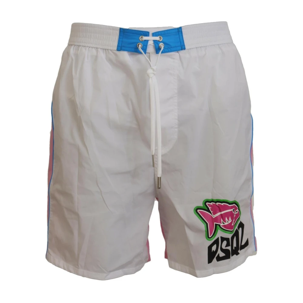 Dsquared2 Uomo Bianco Costumi Da Bagno Con Stampa Di Pesci Abbigliamento Da Mare Elegante
