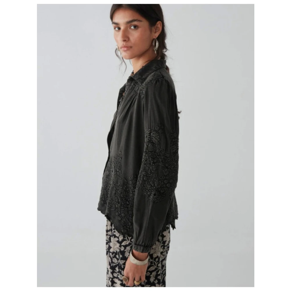 Maison Hotel Bloemen Geborduurd Overhemd Vintage Moderne Stijl Black Dames