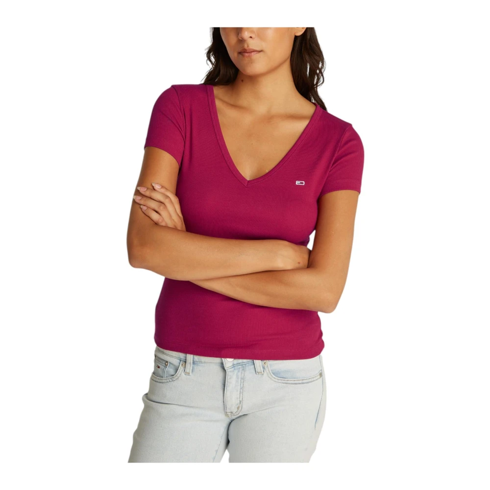 Tommy Jeans Rode V-hals katoenen T-shirt Red Dames