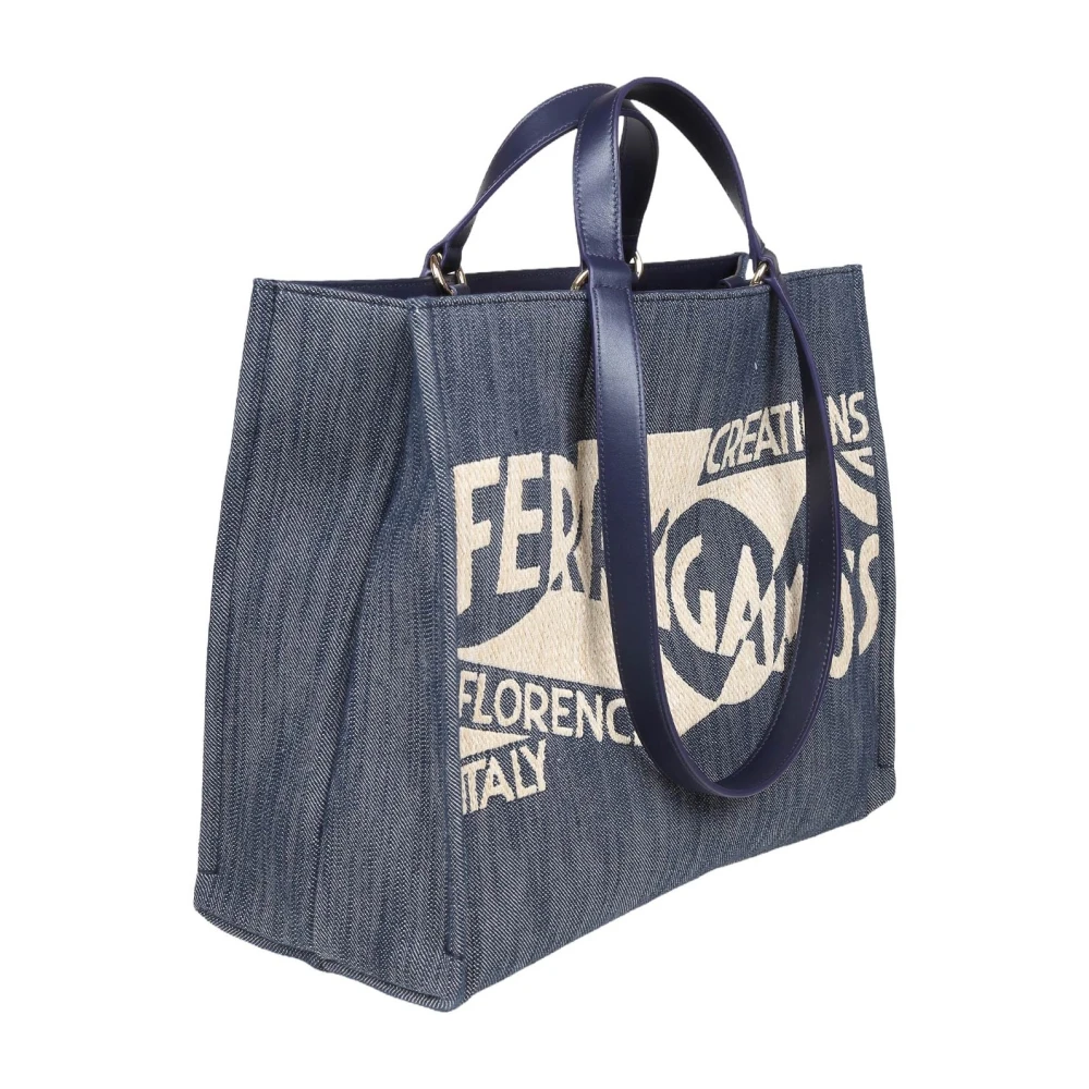 Salvatore Ferragamo Denim Tote Tas met Leren Details Blue Dames