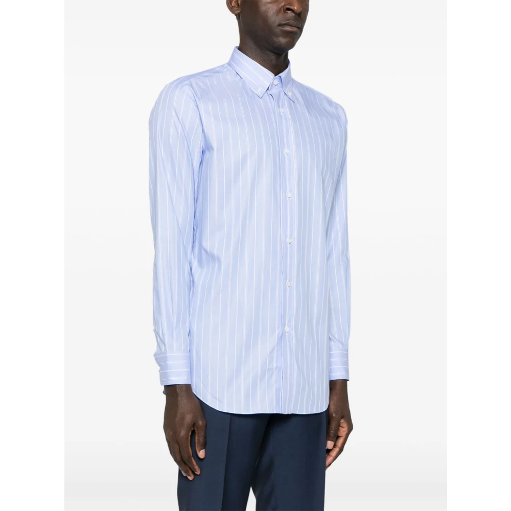 Brioni Gestreept Shirt Lichtblauw Knoopsluiting Lange Mouw Blue Heren