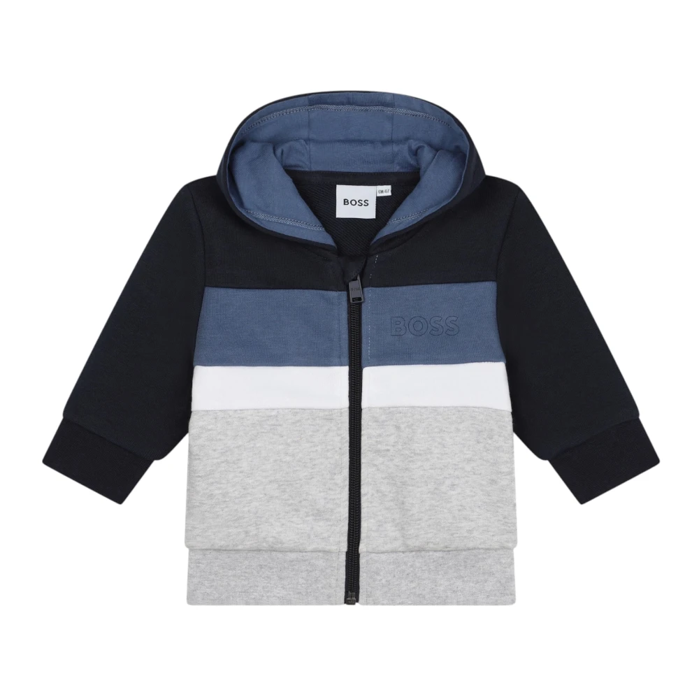 Hugo Men's Gray Cotton Hoodie Color Block Cardigan