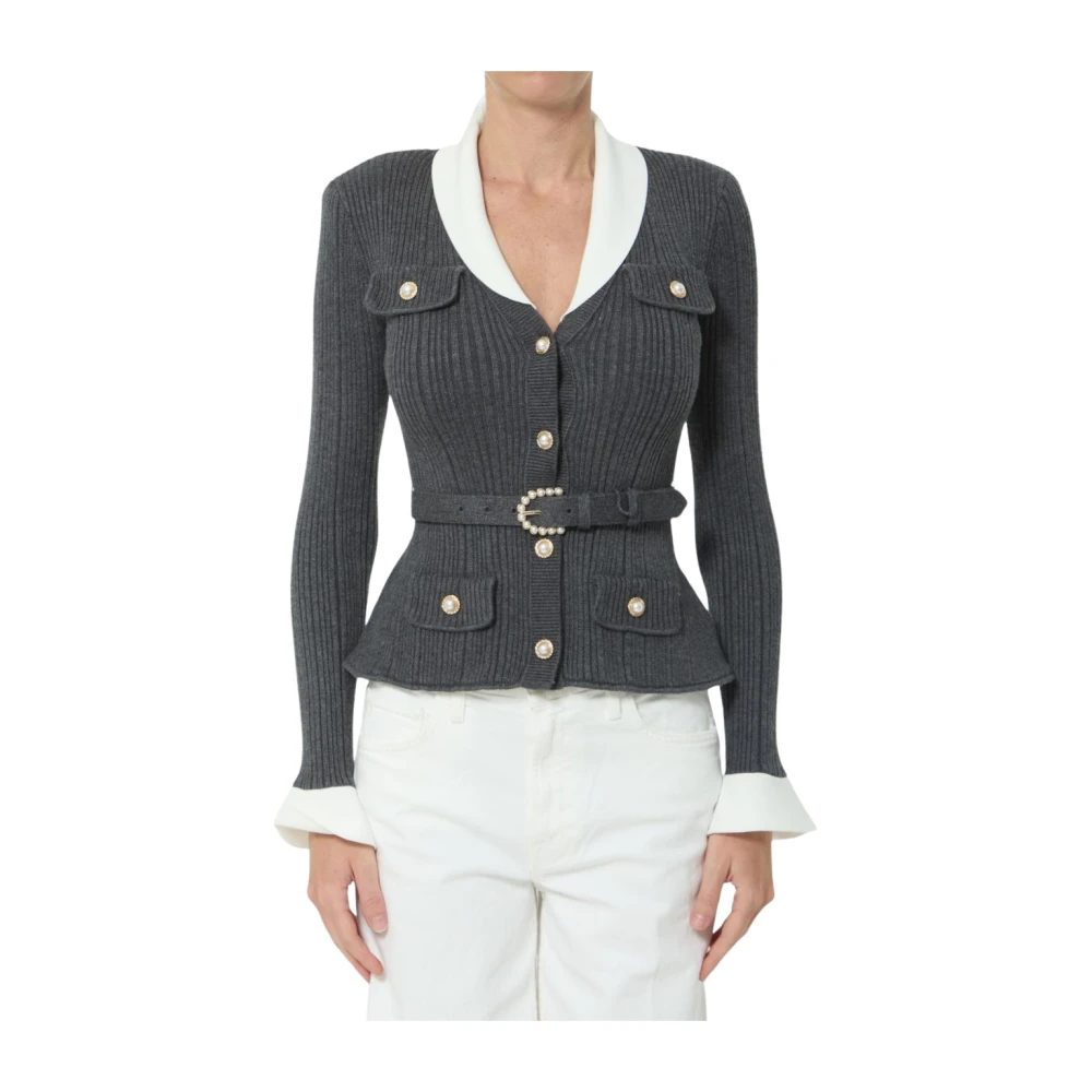 Self Portrait Ribbed Knit Cardigan - Female - Cardigans - Gray - M - Knitwear