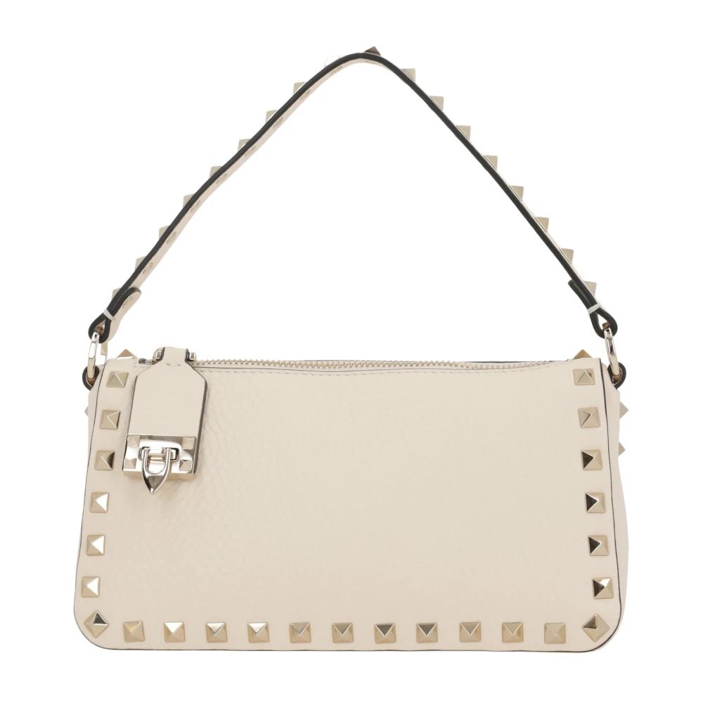 Valentino Garavani Studded Leren Schoudertas Ivoor Brown Dames
