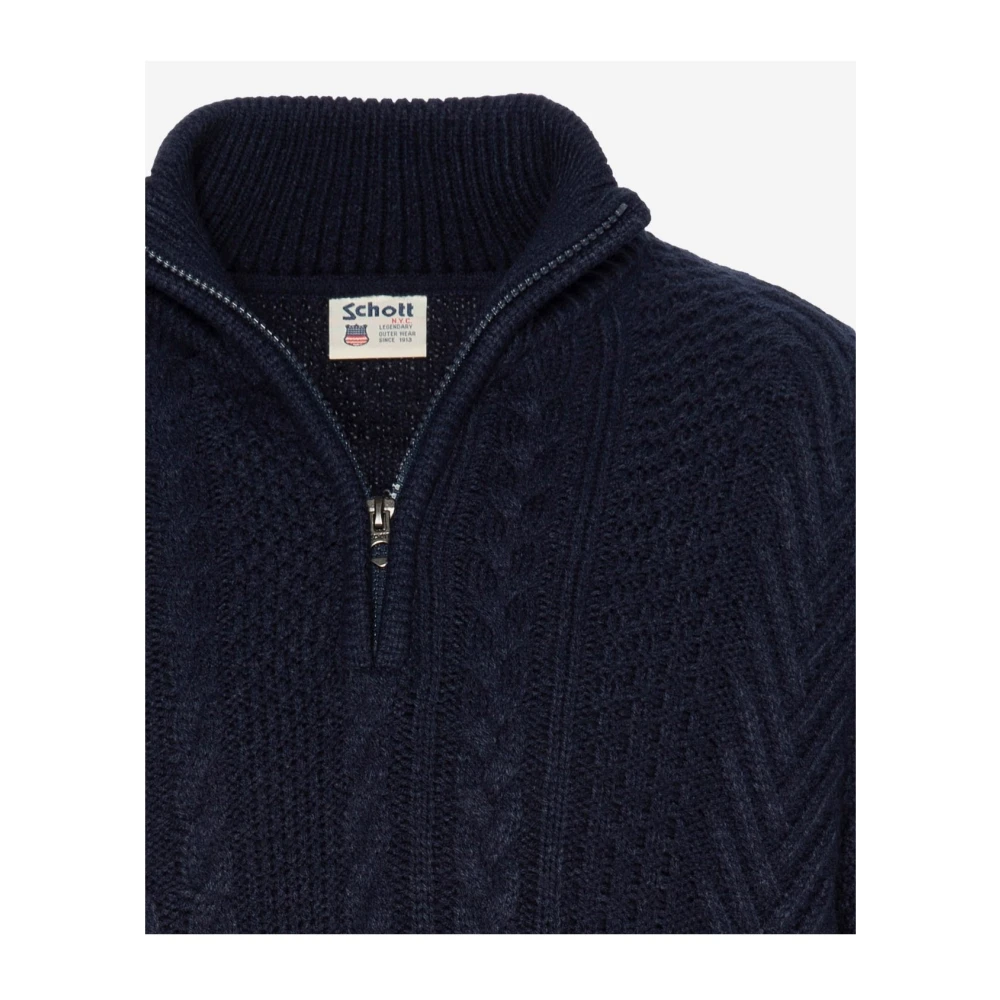 Schott NYC Gebreide Zip-Up Trui met Gedraaid Patroon Blue Heren
