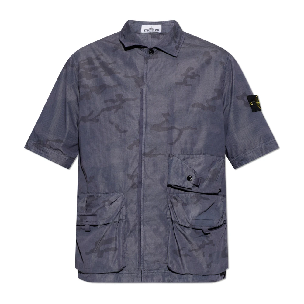 Stone Island Blue Short Sleeve Shirts, Male, M, Short-Sleeve Overshirt With Flap Pockets