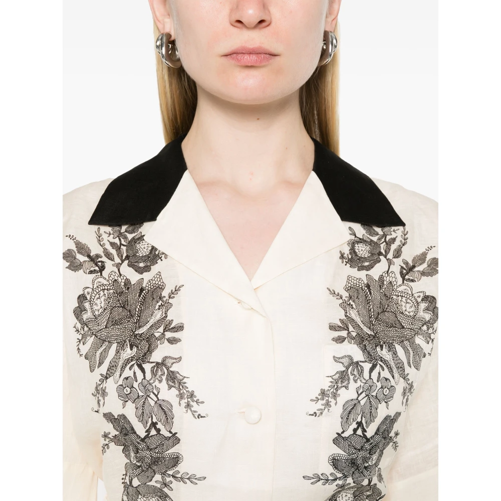 Zimmermann Bloemen Linnen Shirt Cubaanse Kraag Beige Dames
