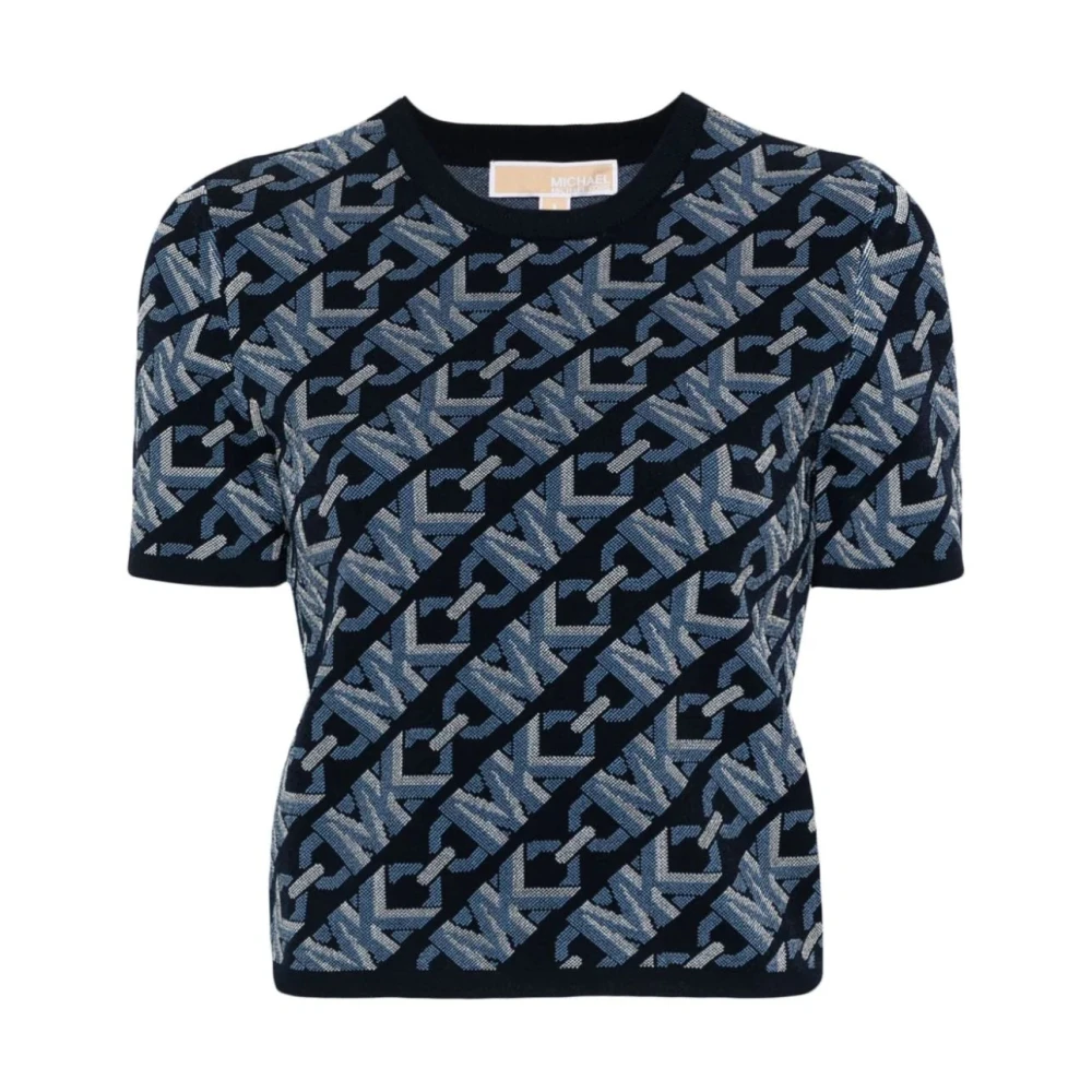 Michael Kors Empire Signature Logo Jacquard Trui met Korte Mouwen Blue Dames
