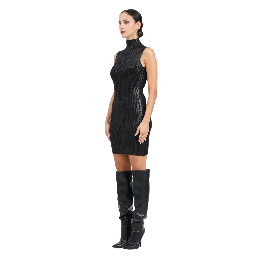 Akep Metallic Gebreide Jurk Hoge Kraag Mouwloos Black Dames