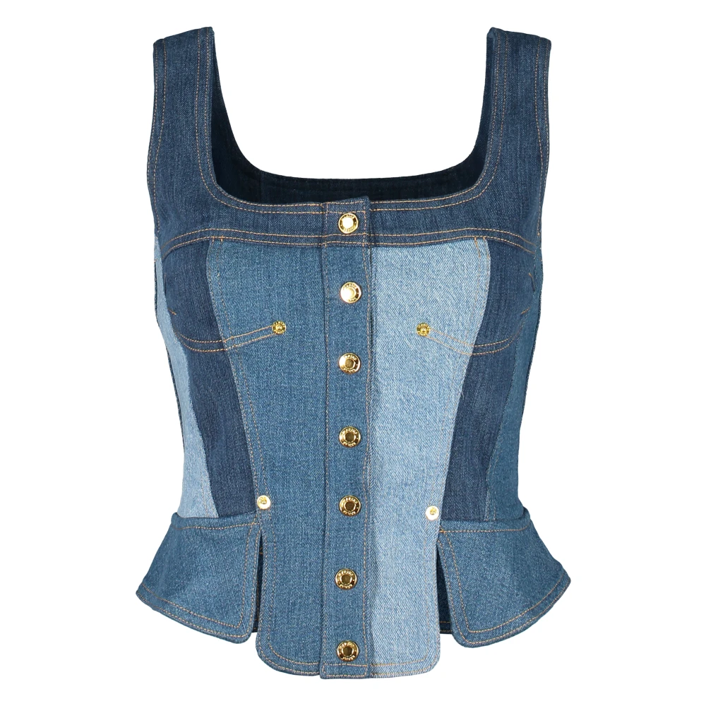 Marine Serre Denim Corset Top met Cut-Out Details Blue Dames
