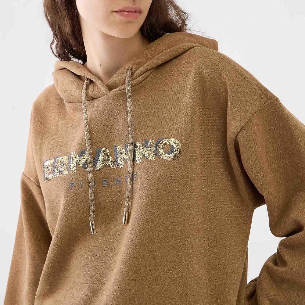 Ermanno Scervino Paillet Logo Hoodie in Gianduia Brown Dames