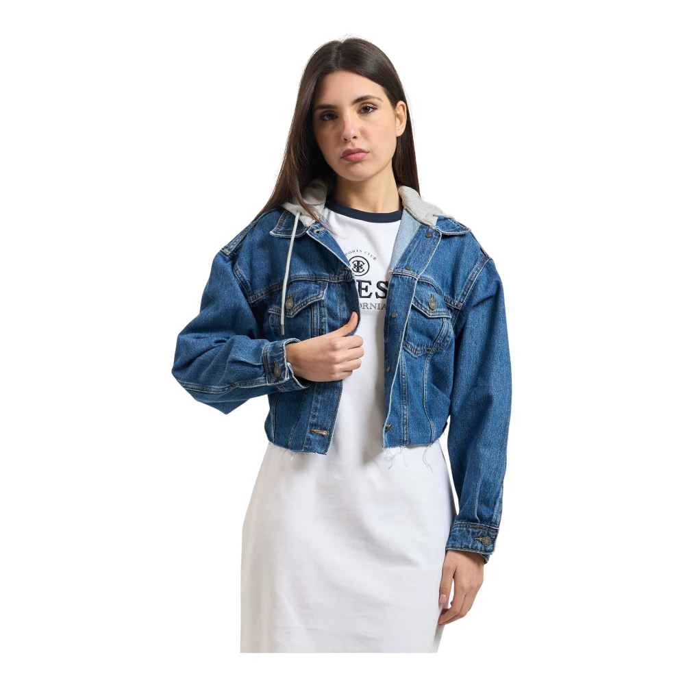 Guess Cropped Hooded Denim Jacket - Female - Denim Jackets - Blue - M - Jackets