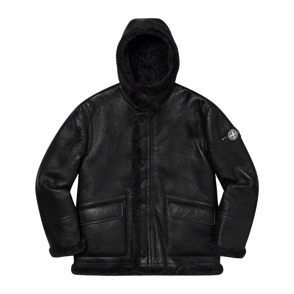 Stone Island Handgeschilderde Hooded Shearling-jas zwart Black Heren