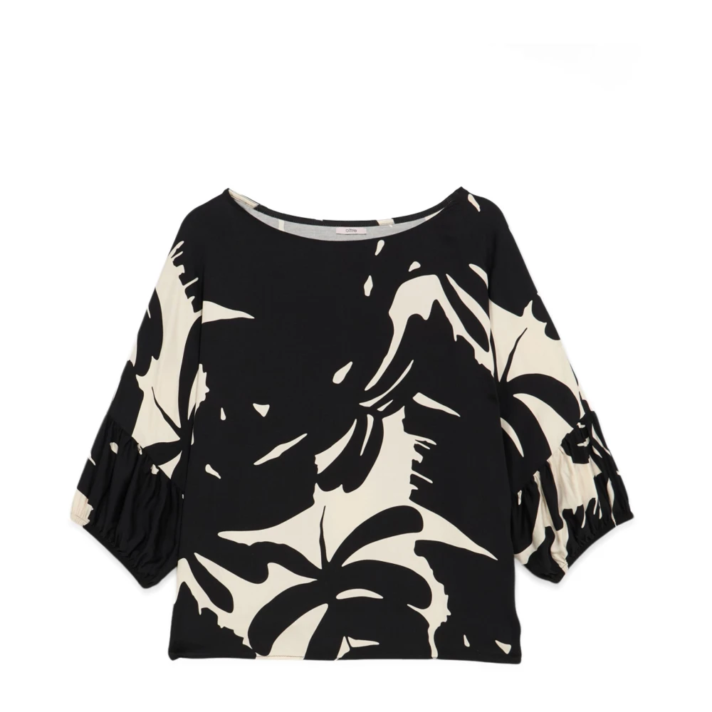 Oltre Bloemenpatroon Viscose T-shirt Black Dames