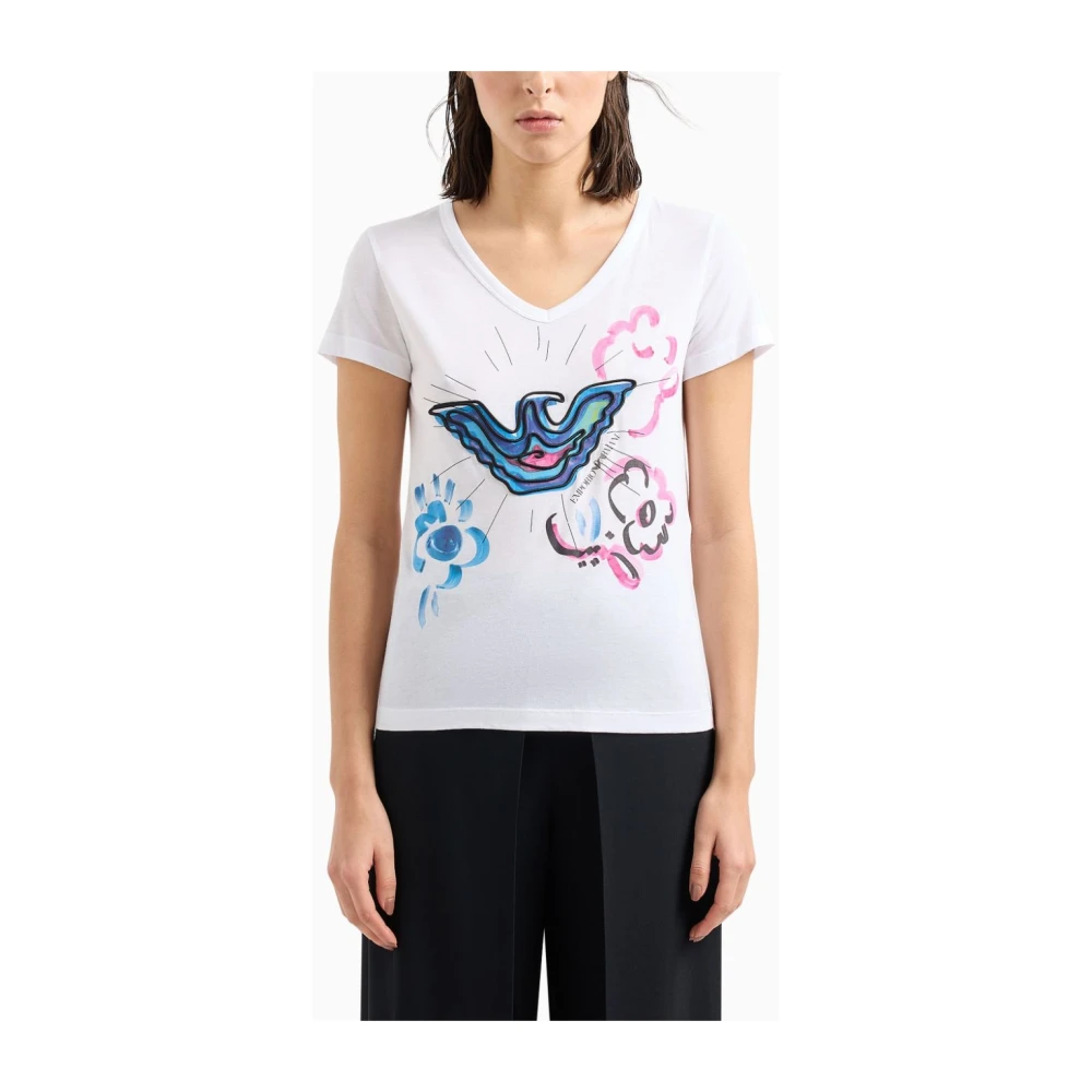 Emporio Armani Grafische Print V-hals T-shirt White Dames