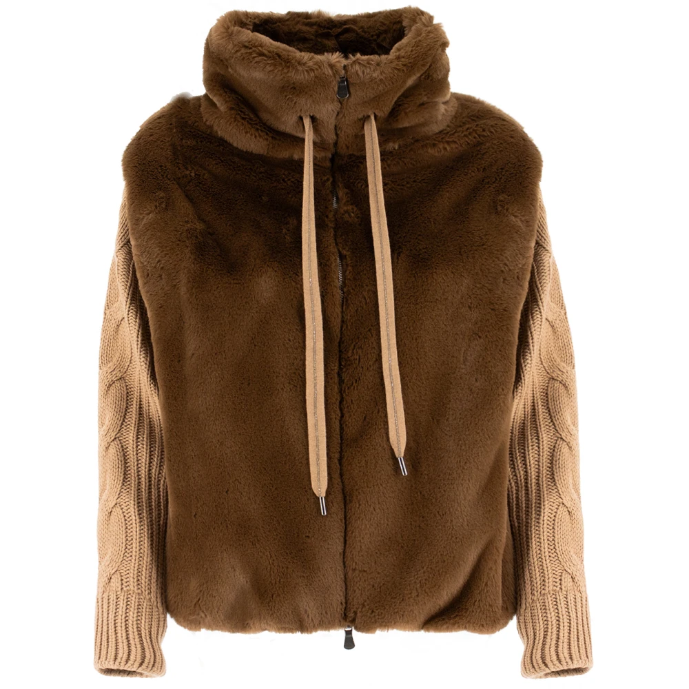Le Tricot Perugia Unieke Gebreide Mouw Faux Fur Jas Brown Dames