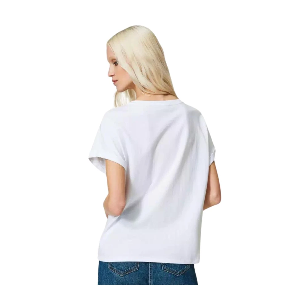 Twinset Katoenen T-shirt met Logo Borduursel en Strass White Dames