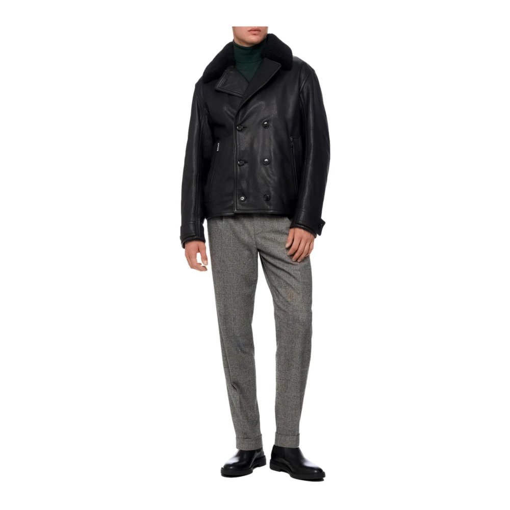 Hugo Boss Dubbelborstig leren jas in zwart Black Heren