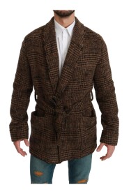 Brown Checkered Wool Robe Coat  Wrap Jacket