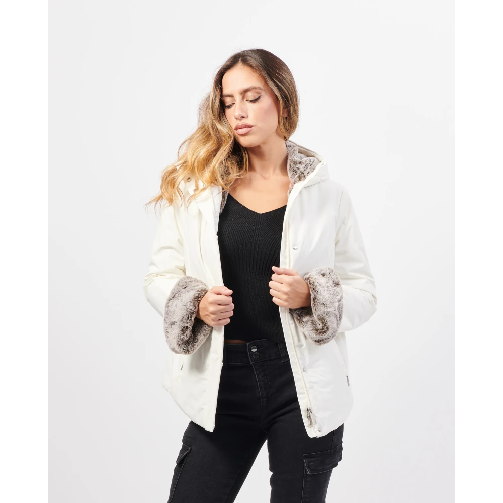 Suns Witte technische jas met imitatiebontvoering White Dames
