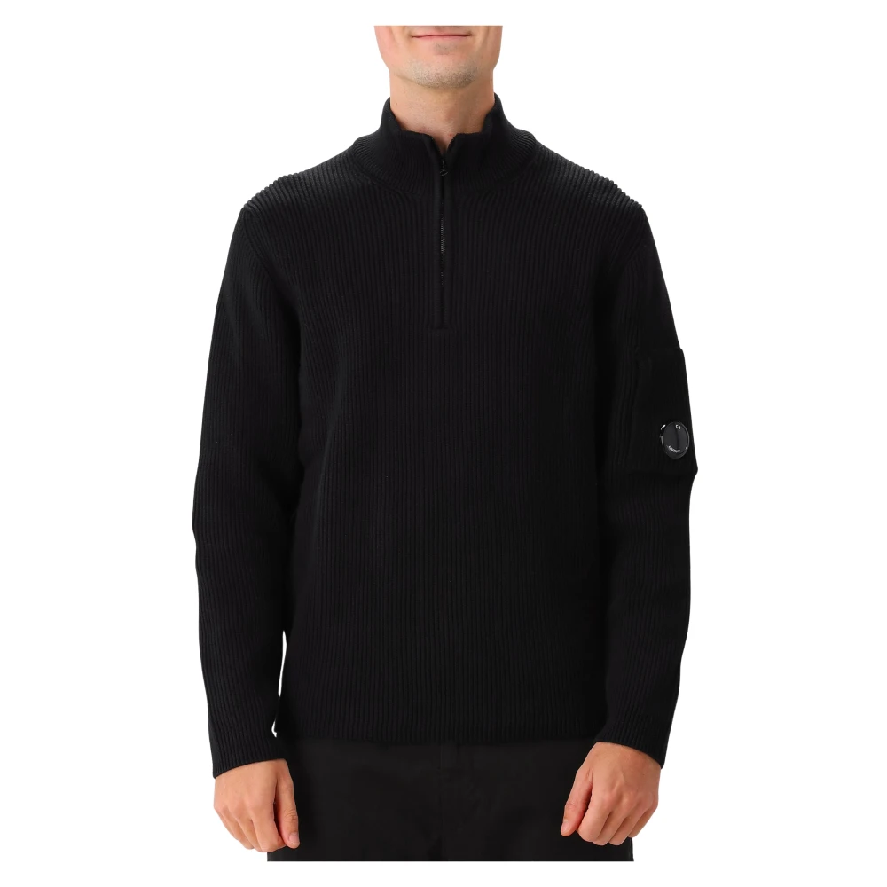 C.p. Company Men's Black Turtlenecks, L, Ribbed Half-Zip Knit Jumper