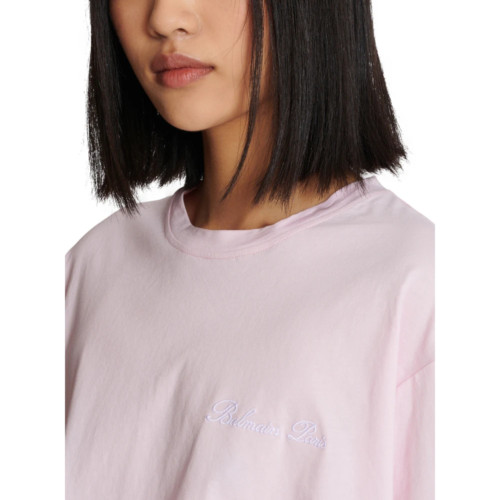 Balmain T-shirt met handtekeningborduurwerk Pink Dames