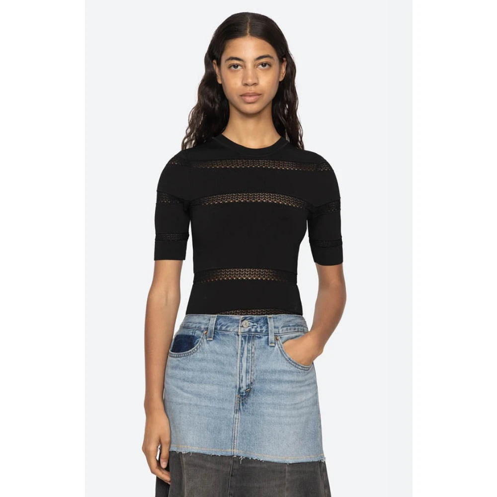 Sea NY Transparante Gebreide Korte Mouw Top Black Dames