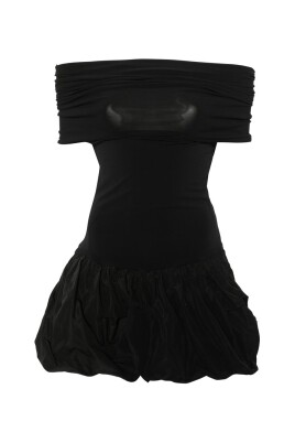 off-shoulder-ruched-bodice-black-dress
