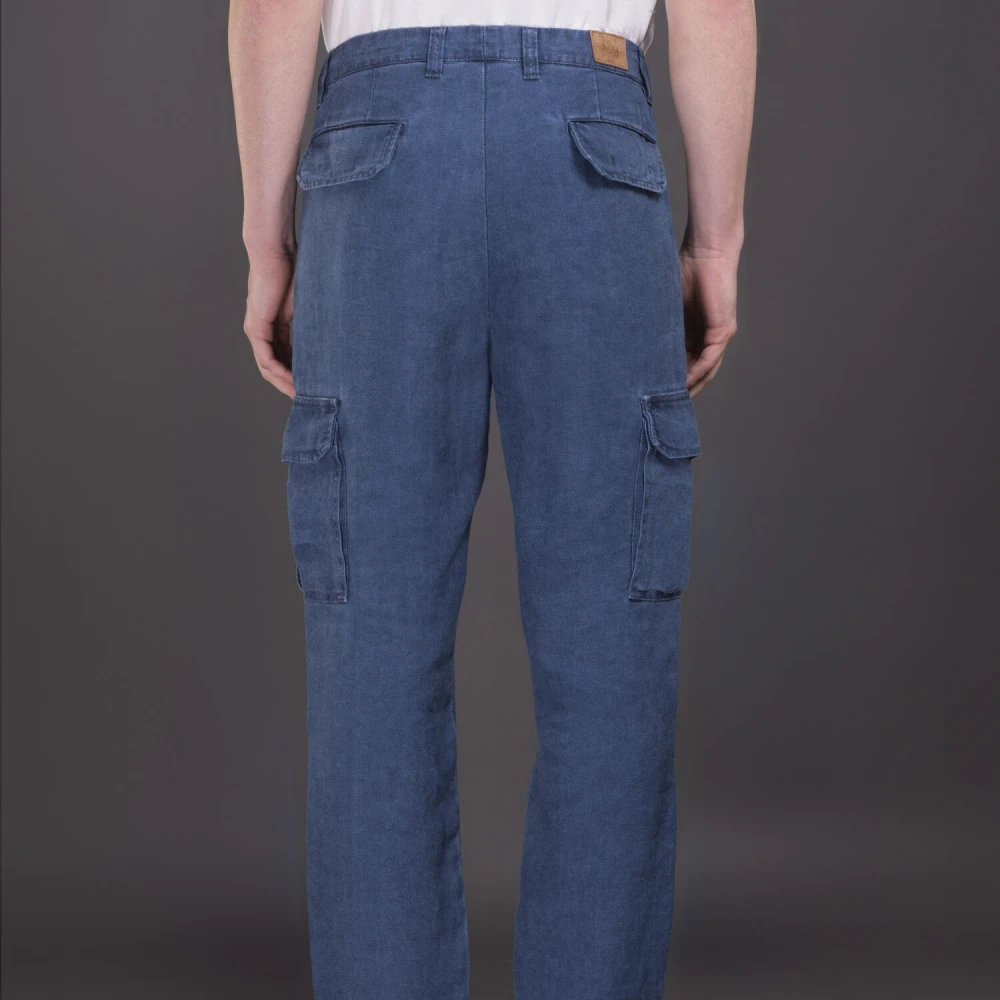 Moorer Indigo Linnen Cargo Broek Blue Heren