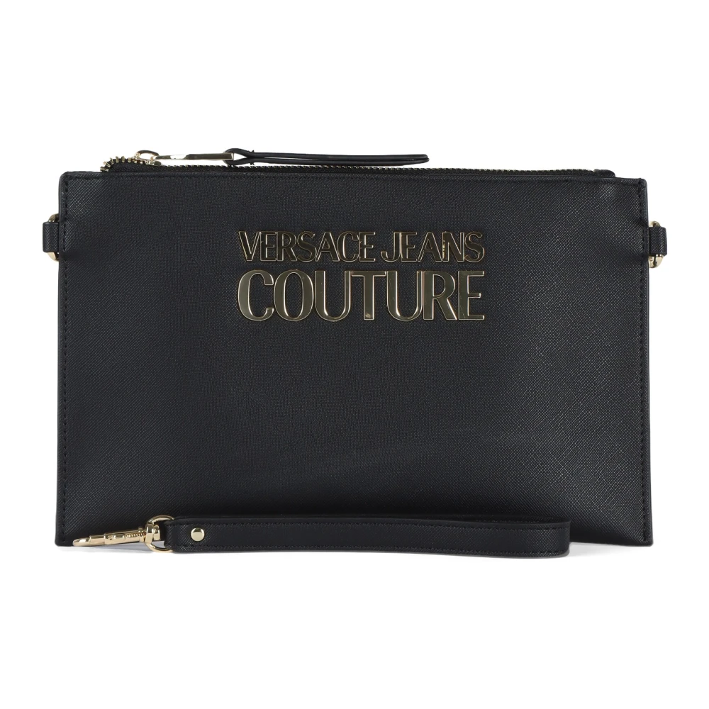 Versace Jeans Couture Clutch met Logo Front in Saffiano Effect Black Dames