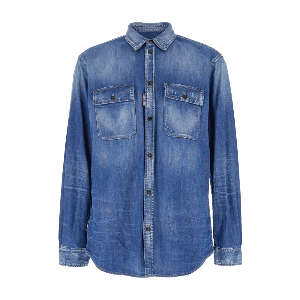 Dsquared2 Blauwe Denim Overhemd Casual Distressed Look Blue Heren