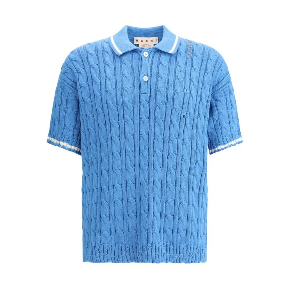 Marni Kabelgebreide Polo Sweater met Geribbelde Zoom Blue Heren