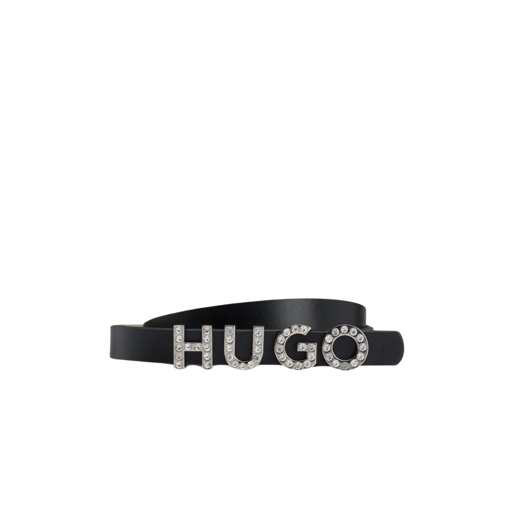 Hugo Boss Italiaanse Leren Riem met Logo Gesp en Kristal Detail Black Dames
