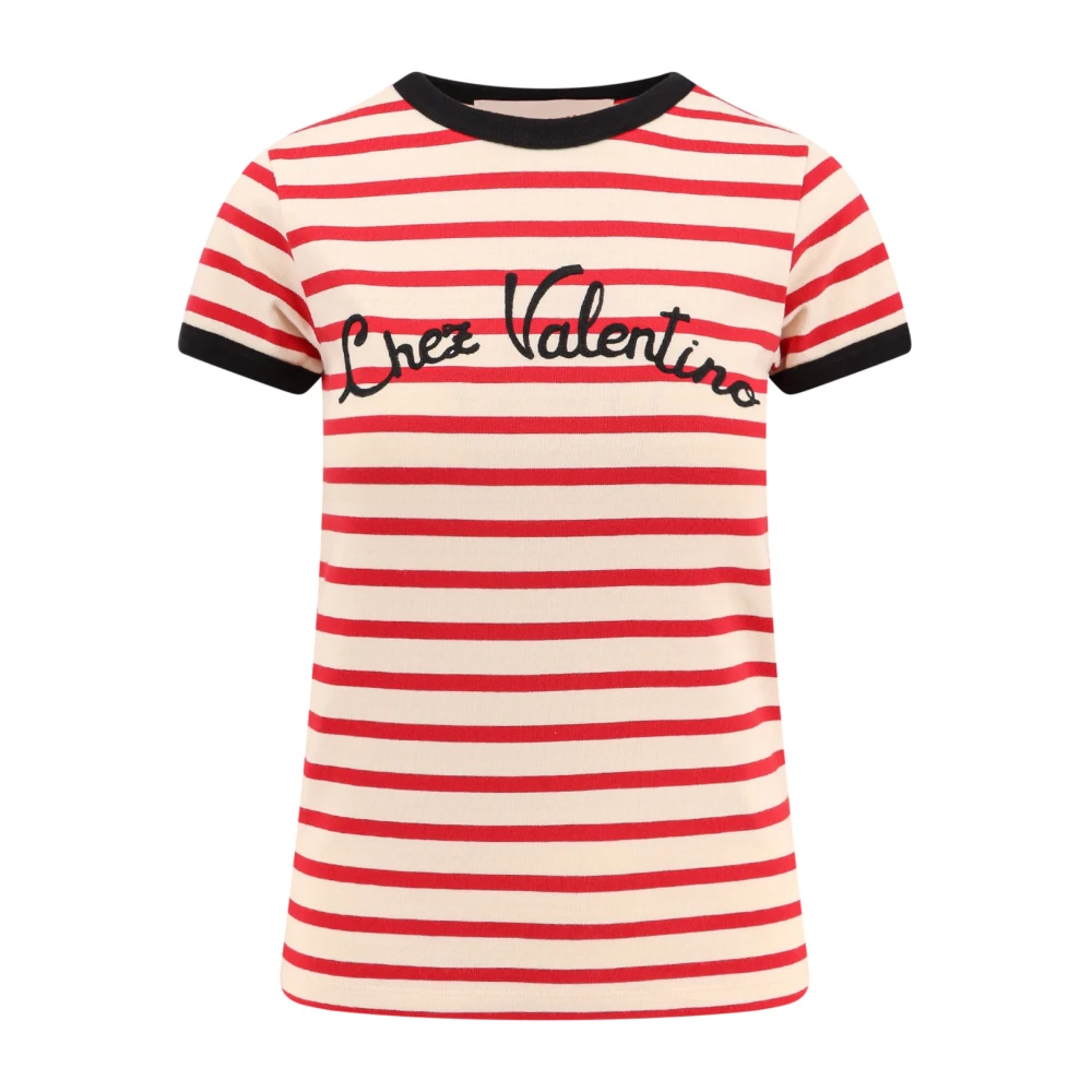 Valentino Gestreept Katoenen Geborduurd T-Shirt Red Dames