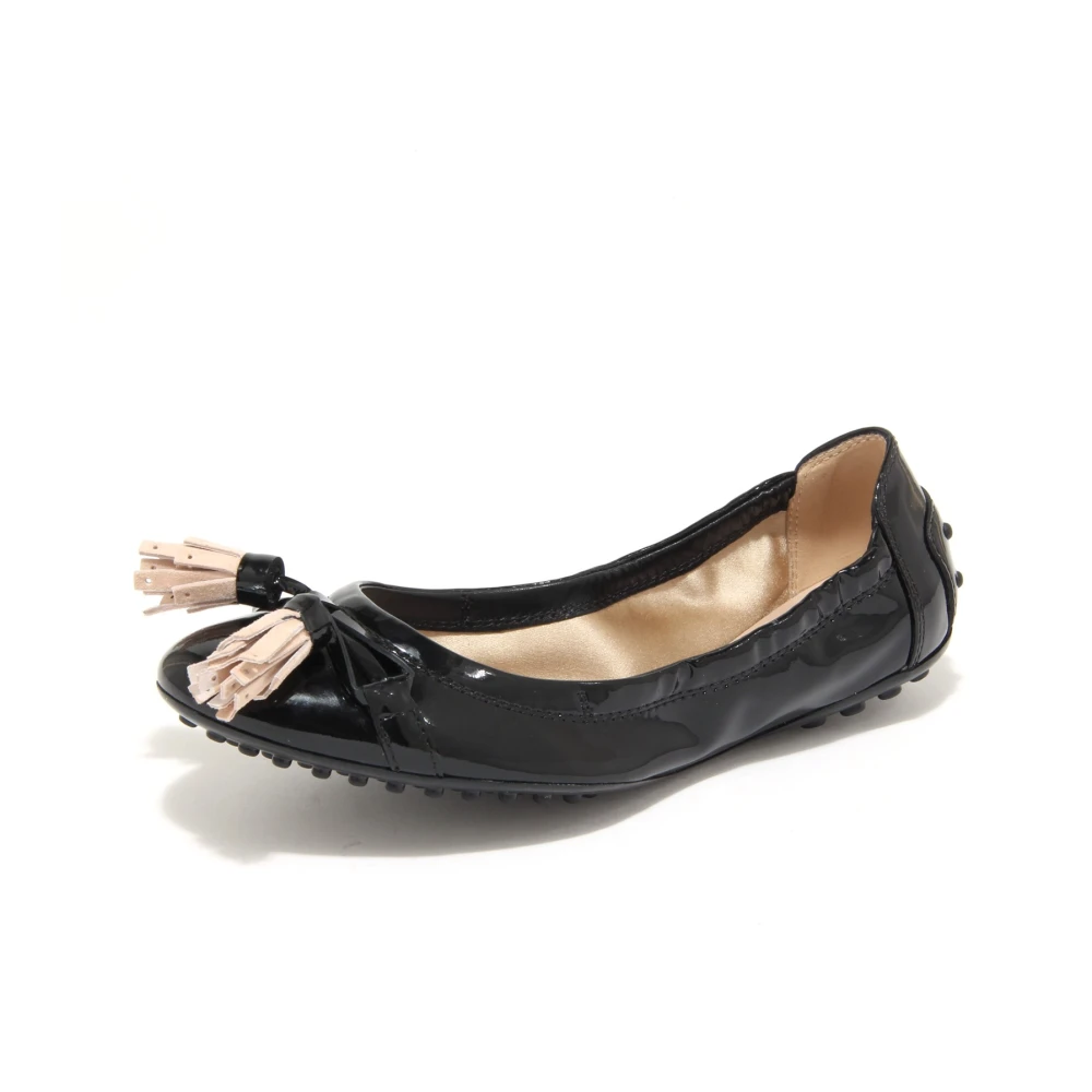 Tod's Women's Black Ballerina Shoes, 2 Uk, Leather Loafer Shoes With Tassels