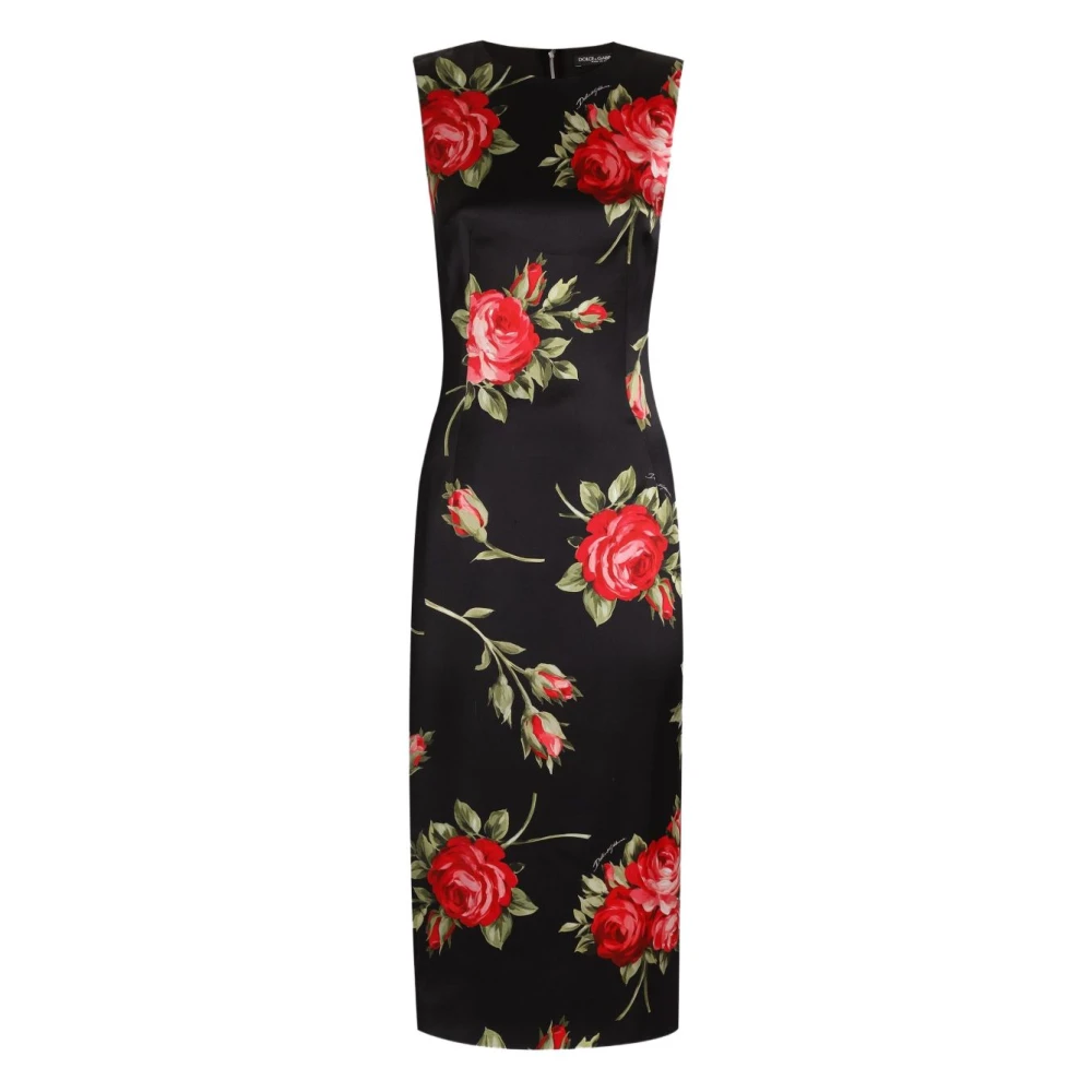 Dolce & Gabbana Women's Black Midi Dresses, 2XL, Roses Bouquet Print Midi Dress