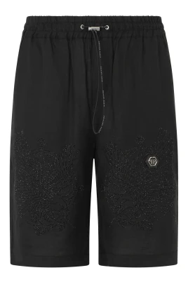 Broderade bowling-shorts i linne med tattoo-strass