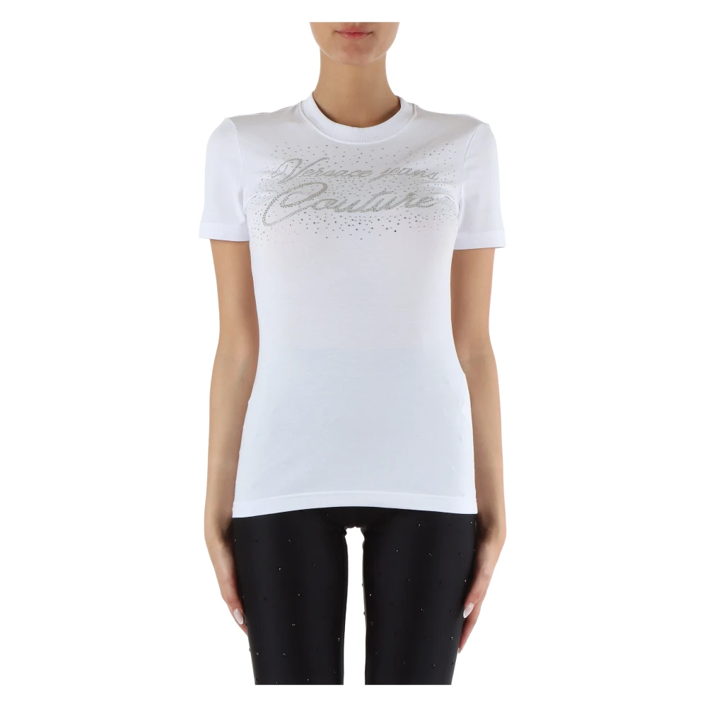 Versace Jeans Couture Stretch Katoenen T-shirt met Strass Logo White Dames