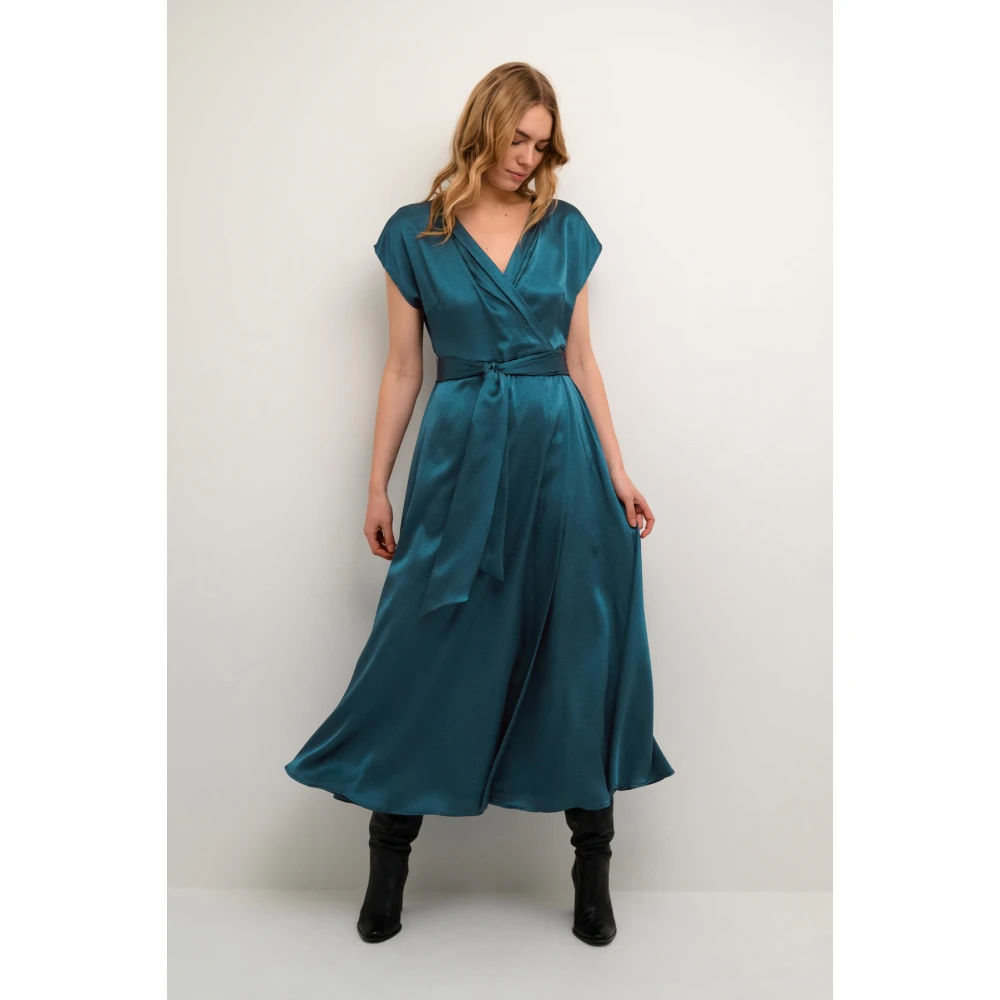 Cream Petrol Satijnen Wikkel Maxi Jurk Blue Dames