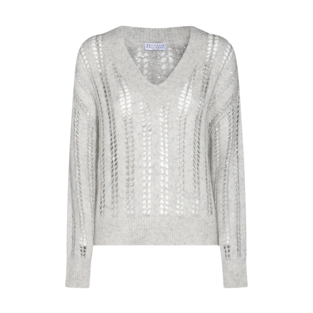 BRUNELLO CUCINELLI Parel Grijs Wollen Gebreide Trui Gray Dames