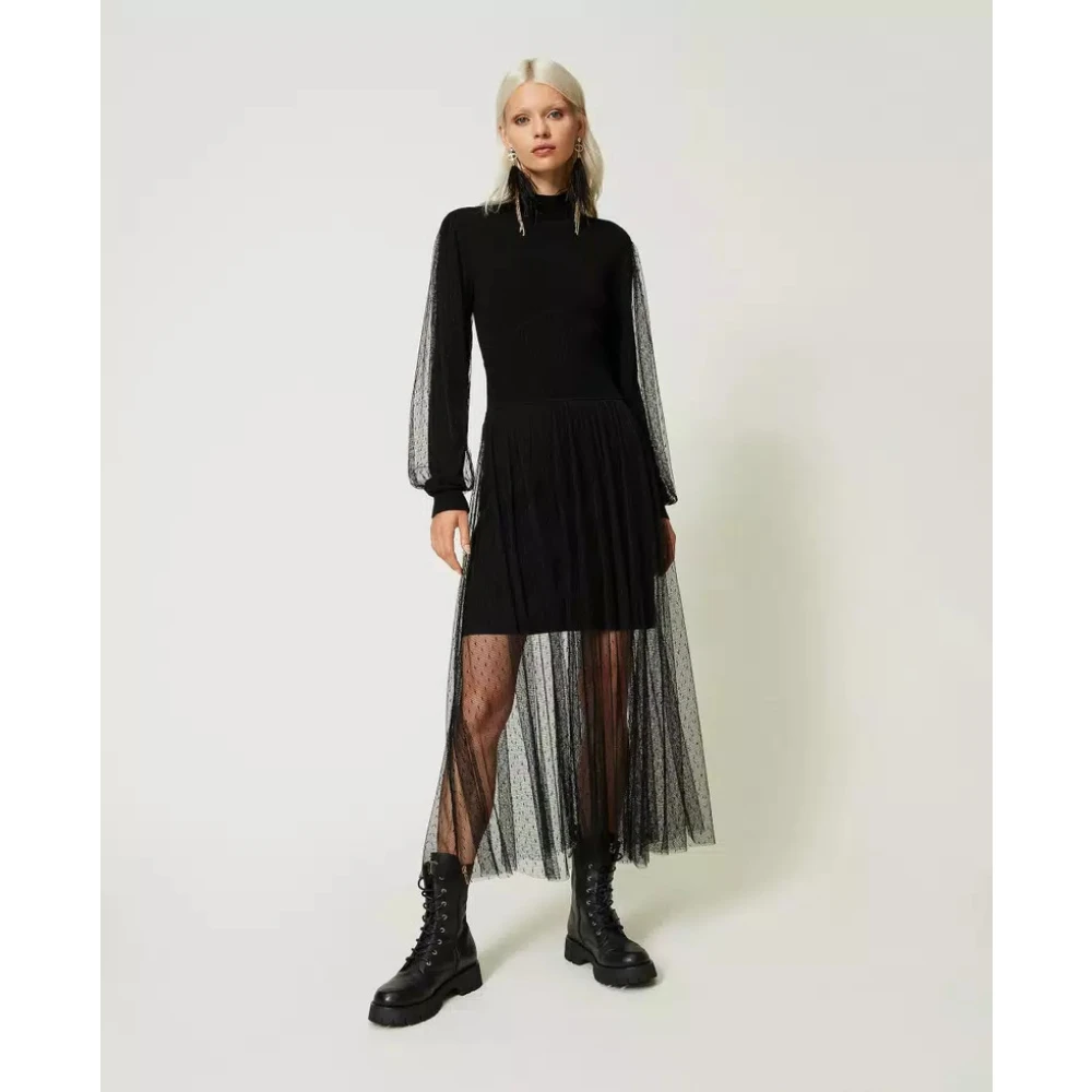Twinset Lange Gebreide en Tule Jurk Black Dames