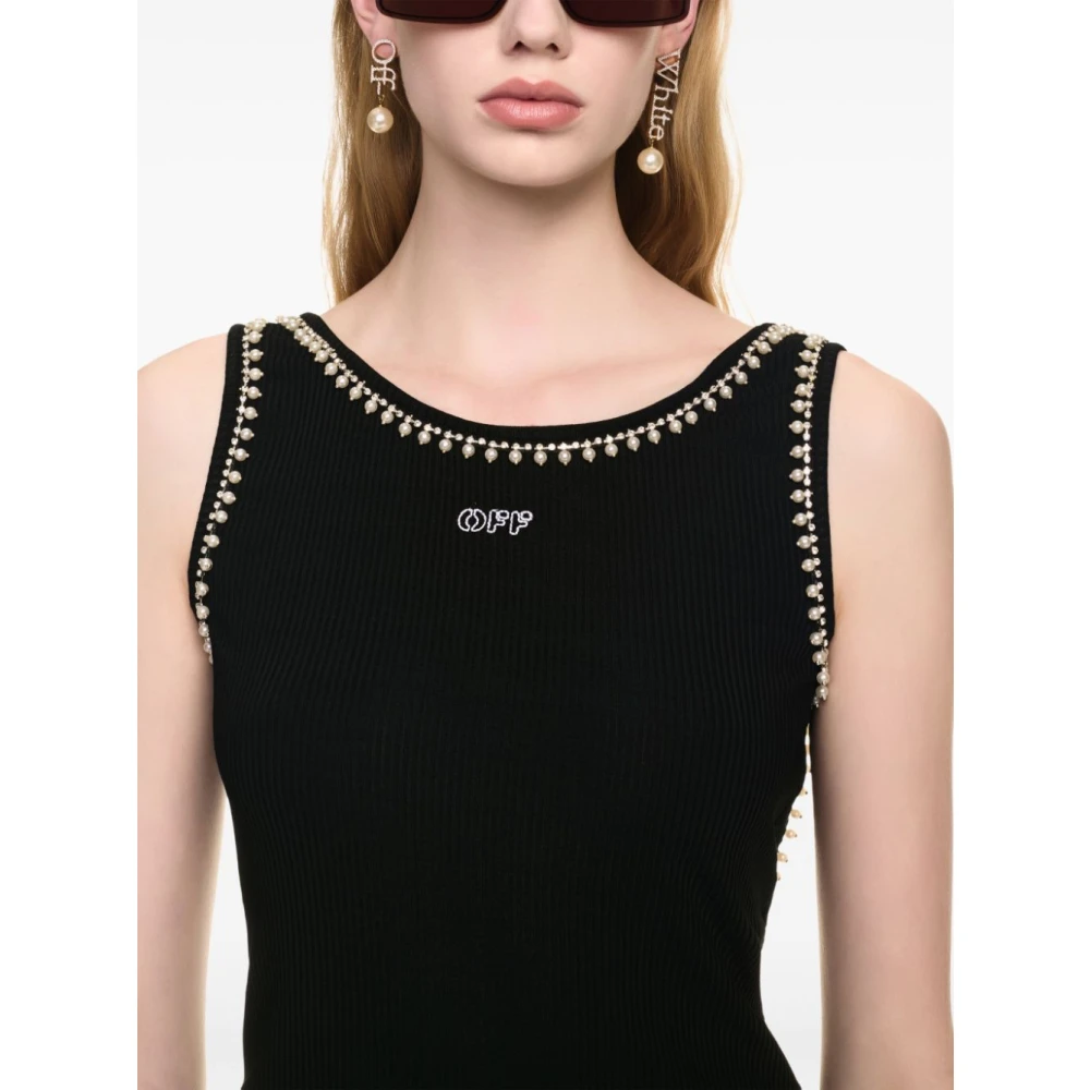 Off White Zwarte Geribbelde Gebreide Top met Logo Black Dames